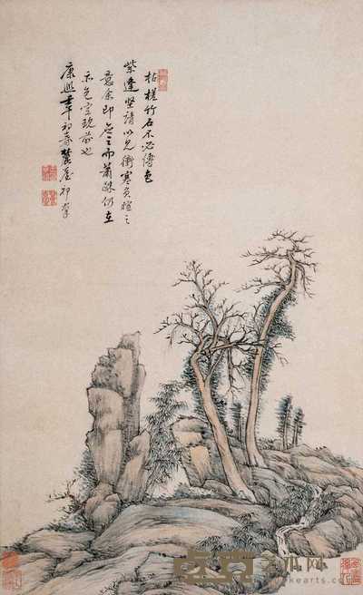 王原祁 1702年作 乔柯竹石图 立轴 69×40cm